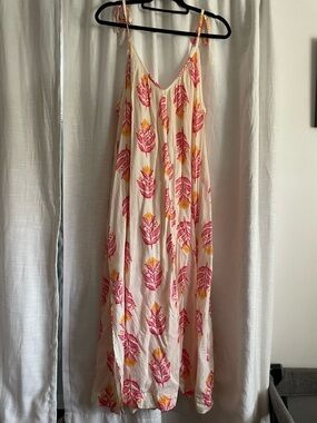 Old Navy Cream Maxi Dress with Pink & Yellow Leaf Print